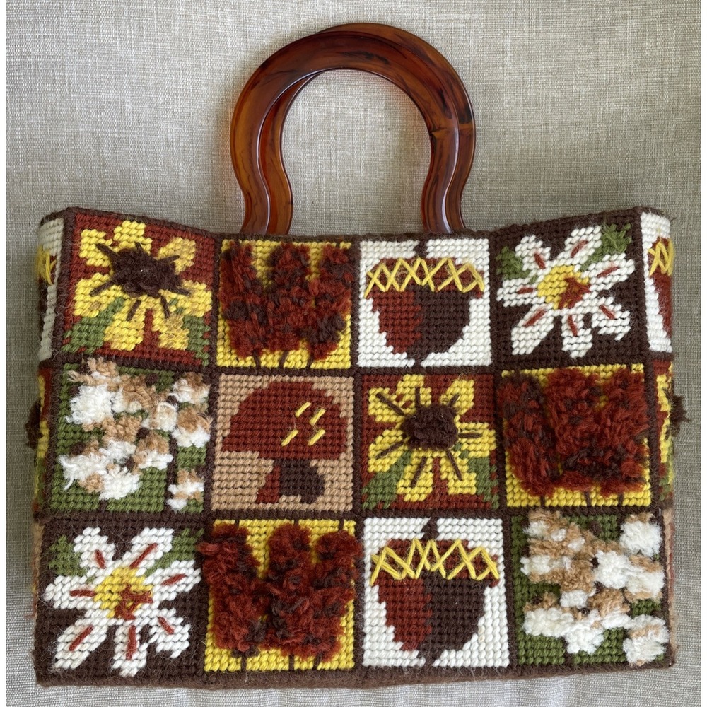 Vtg 70s Purse needlepoint floral Mushroom Patchwork Lucite Handles Retro Kitsch